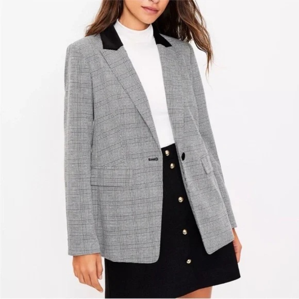 LOFT 4 Houndstooth Plaid Velvet Collar One Button Blazer Jacket